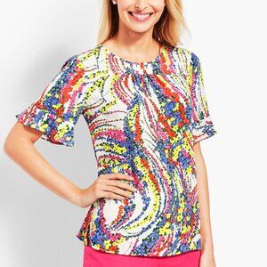 Talbots Petites Women's Ruffle-Short Sleeve Top ~ Swirling Floral ~ MP ~ EUC